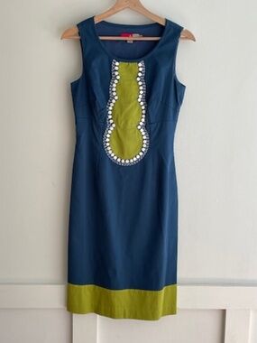 Boden Blue & Green Beaded Bib Sheath Dress | Mod 60s Style Colorblock | Size US4